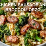 CHICKEN SAUSAGE AND BROCCOLI ORZO plated, warm natural light, white cloth, shallow depth of field