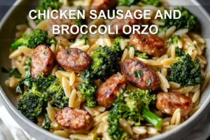Chicken Sausage and Broccoli Orzo: Easy and Delicious Recipe CHICKEN SAUSAGE AND BROCCOLI ORZO plated, warm natural light, white cloth, shallow depth of field