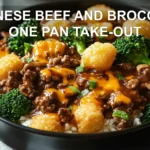 CHINESE BEEF AND BROCCOLI ONE PAN TAKE-OUT hearty ground beef broccoli melted cheddar crispy tater tots