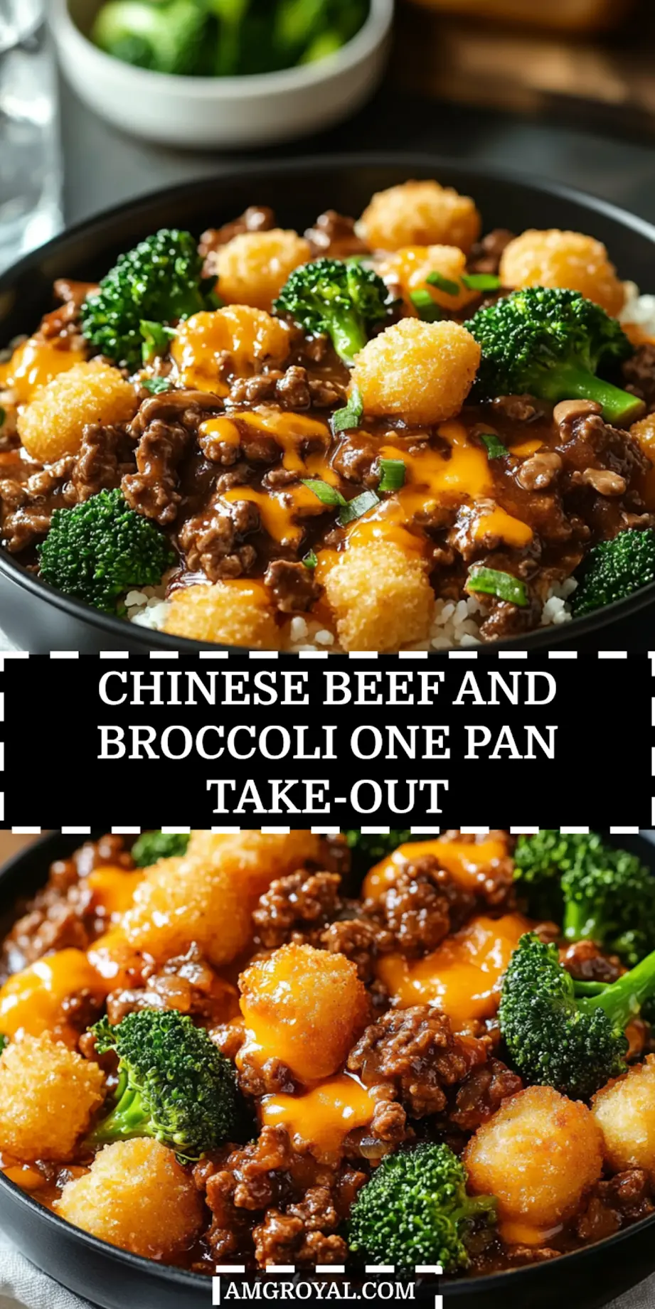 Plated Chinese Beef and Broccoli One Pan Take-Out with golden tater tots and melted cheese