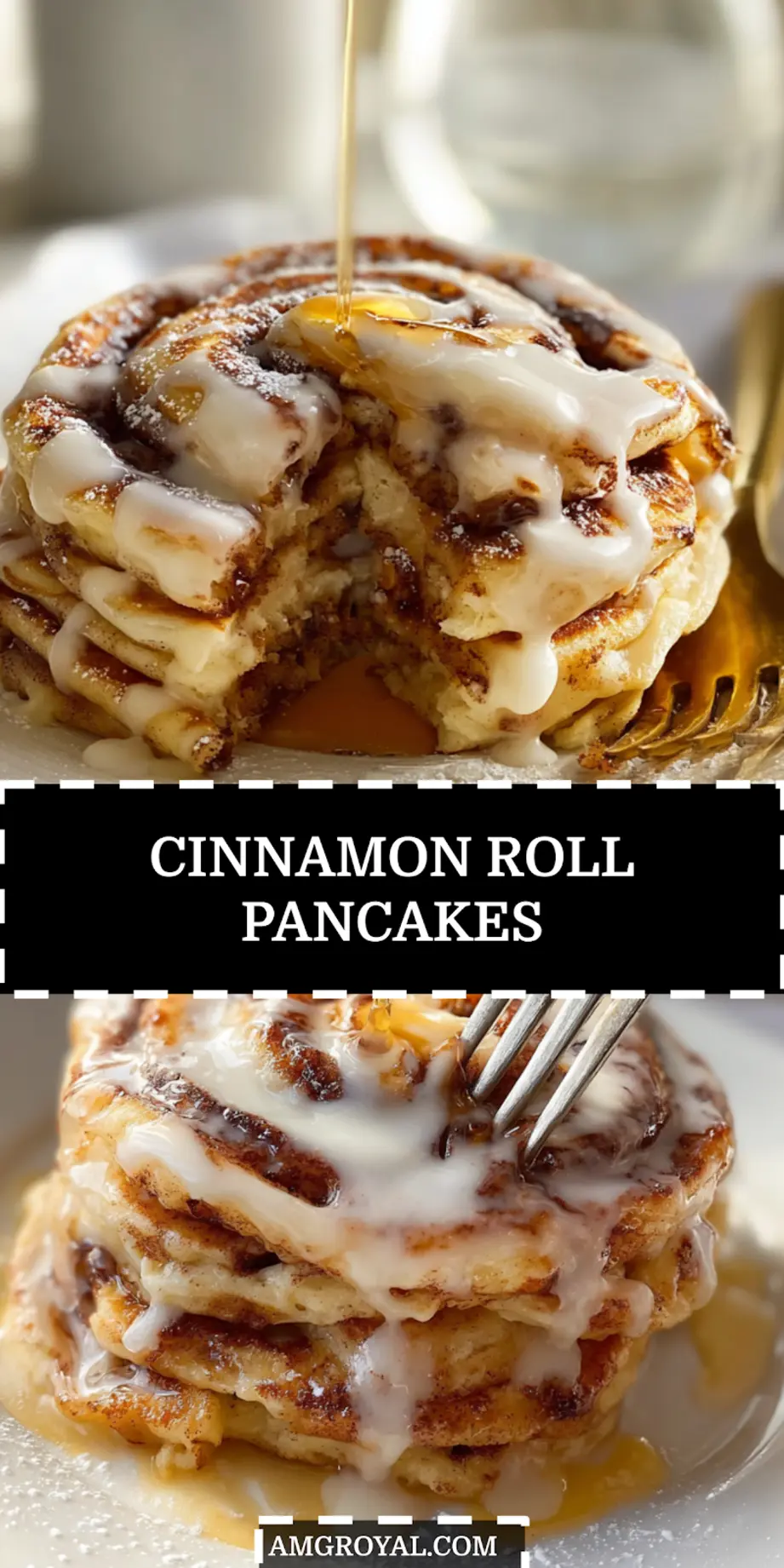 Stack of CINNAMON ROLL PANCAKES showing cinnamon swirl inside topped with maple syrup and glaze