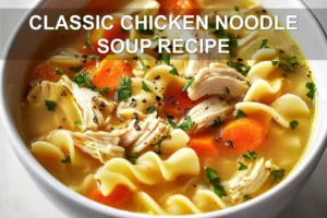 Classic Chicken Noodle Soup Recipe Easy and Delicious CLASSIC CHICKEN NOODLE SOUP RECIPE centered hero view, clean and uncluttered