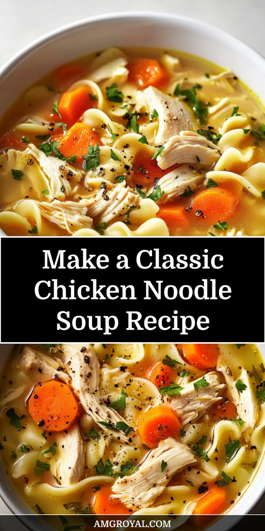 Classic Chicken Noodle Soup Recipe Easy and Delicious 5 Overhead view of finished chicken noodle soup with garnish, ready to serve