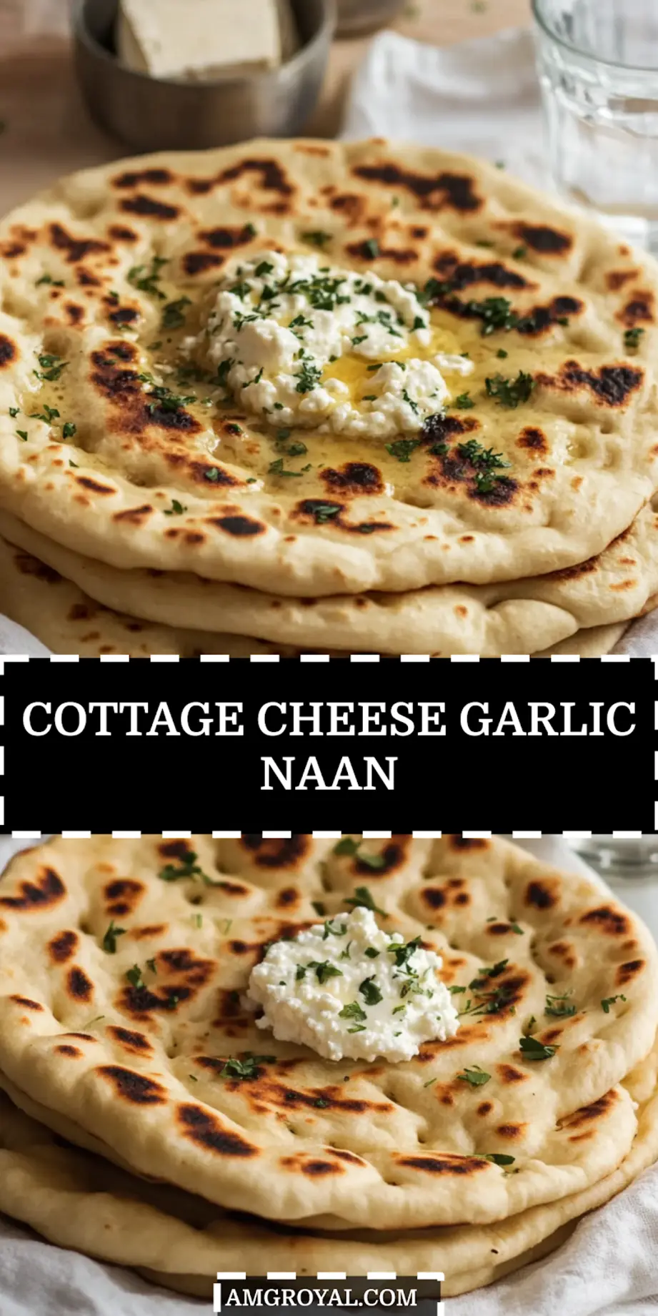 Cottage Cheese Garlic Naan: Deliciously Simple Recipe 5 Golden brown cottage cheese garlic naan stacked on napkin with herbs and dipping sauce