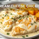 CREAM CHEESE CHICKEN plated with delicate white cheese garlic and fresh herbs in warm natural light close up