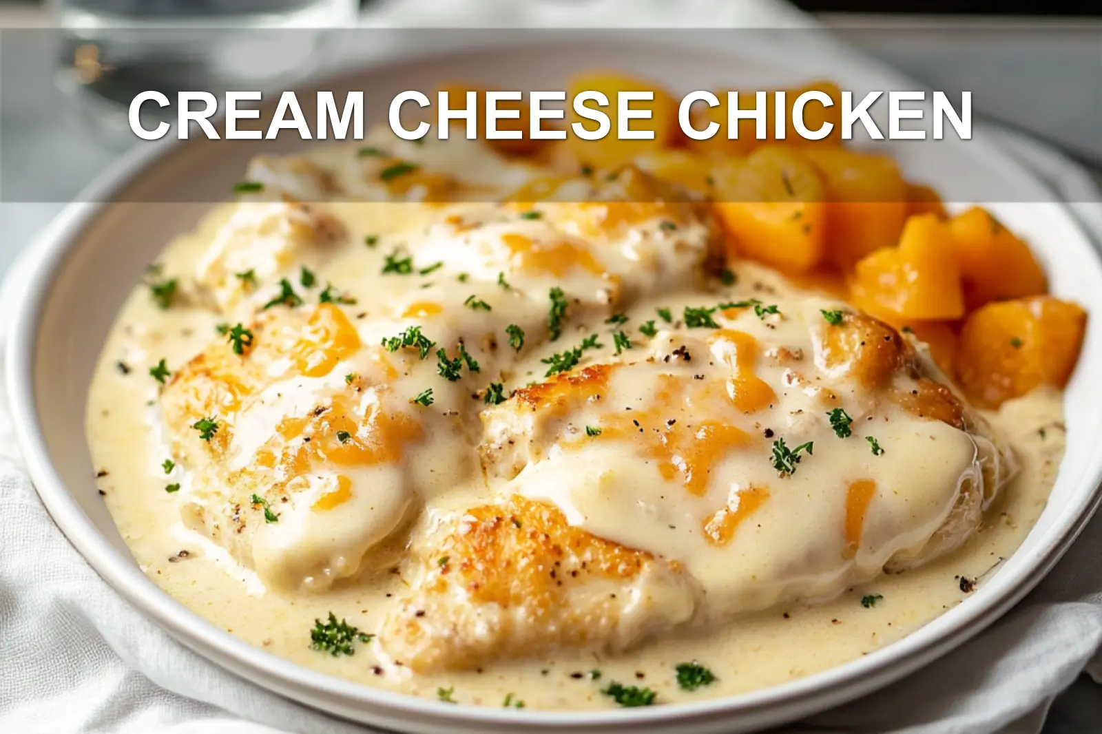 CREAM CHEESE CHICKEN plated with delicate white cheese garlic and fresh herbs in warm natural light close up