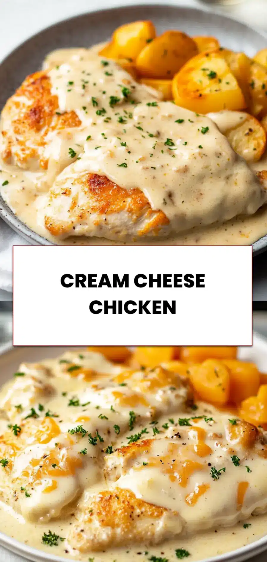 Plated dish of cream cheese chicken with herbs served on a white plate with creamy sauce and side vegetables, photographed with warm light