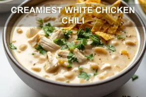 CREAMIEST WHITE CHICKEN CHILI centered hero view, clean and uncluttered
