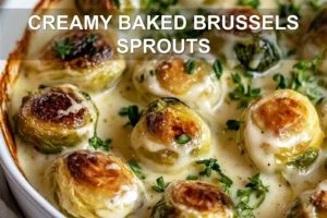 Creamy Baked Brussels Sprouts: A Delicious Must-Try Recipe CREAMY BAKED BRUSSELS SPROUTS centered hero view, clean and uncluttered