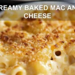 CREAMY BAKED MAC AND CHEESE centered hero view, clean and uncluttered