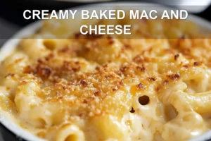CREAMY BAKED MAC AND CHEESE centered hero view, clean and uncluttered