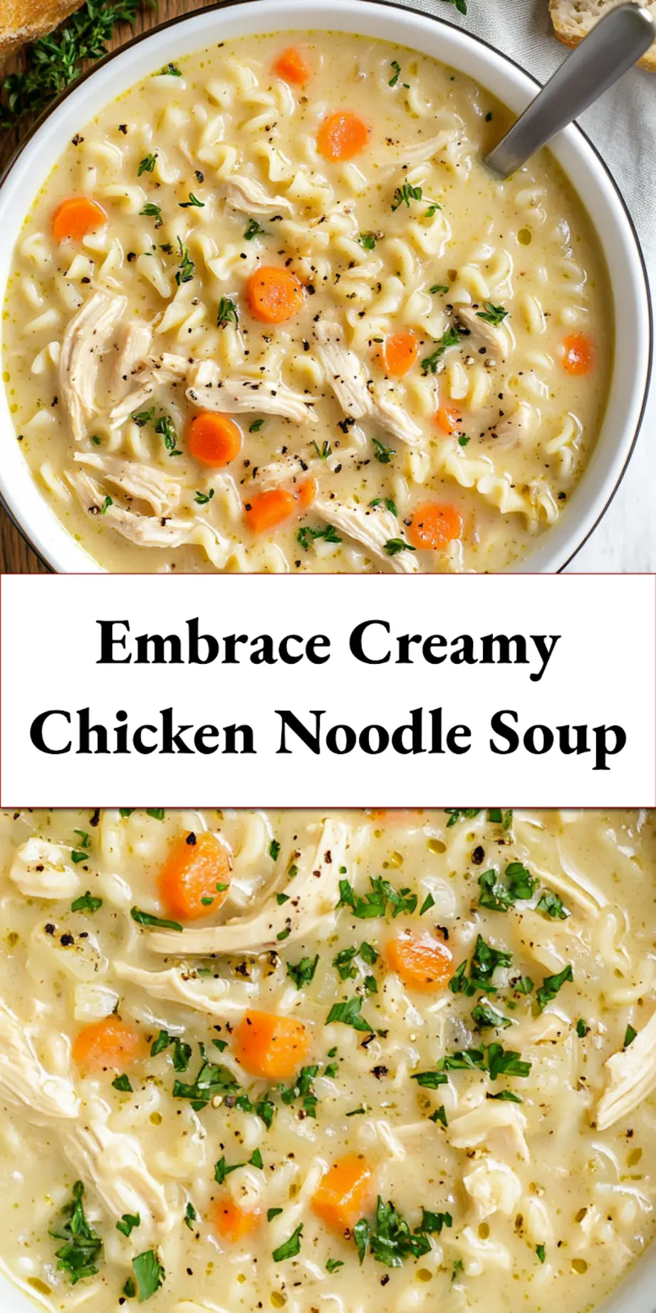 Creamy Chicken Noodle Soup for Irresistible Comfort 5 Bowl of creamy chicken noodle soup placed on wooden table styled for Pinterest