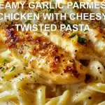 Creamy Garlic Parmesan Chicken for Irresistible Dinner 6 CREAMY GARLIC PARMESAN CHICKEN WITH CHEESY TWISTED PASTA centered hero view, clean and uncluttered