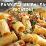 CREAMY ITALIAN SAUSAGE RIGATONI plated with creamy white sauce basil oregano and grated cheese
