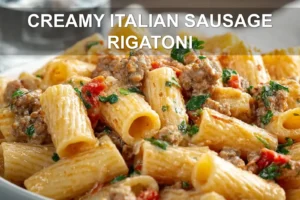 Creamy Italian Sausage Rigatoni: Easy Delicious Recipe CREAMY ITALIAN SAUSAGE RIGATONI plated with creamy white sauce basil oregano and grated cheese