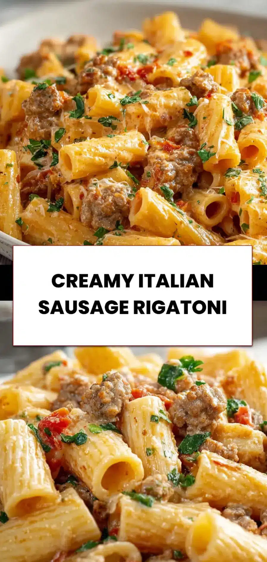 Creamy Italian Sausage Rigatoni: Easy Delicious Recipe 5 Plated creamy Italian sausage rigatoni with herbs and cheese in a white bowl with rustic wooden background