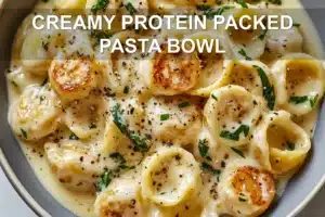 CREAMY PROTEIN PACKED PASTA BOWL centered hero view, clean and uncluttered