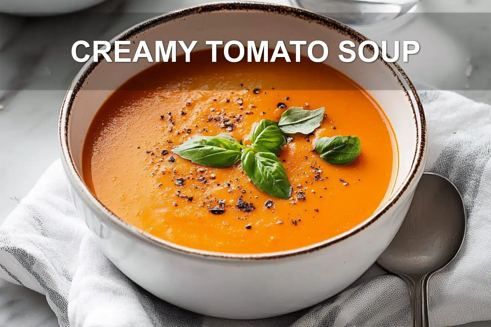 CREAMY TOMATO SOUP in a creamy bowl with basil garnish warm inviting main blog image