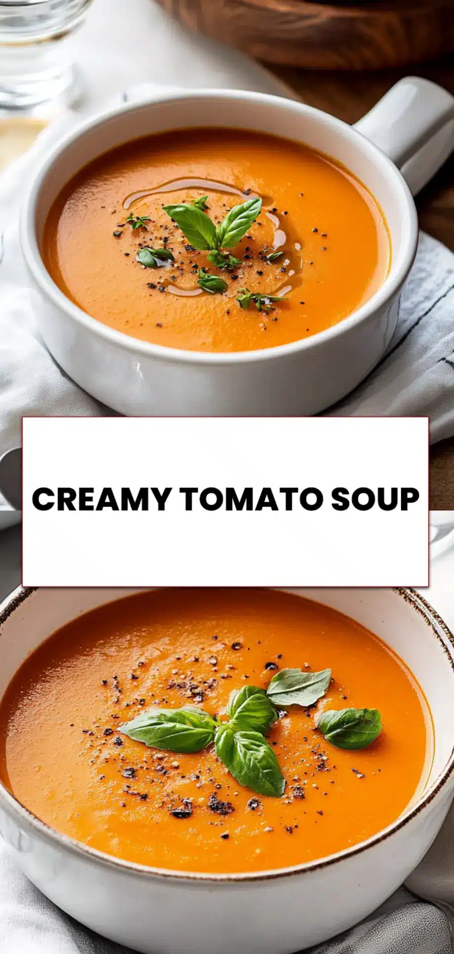 Creamy Tomato Soup: Simple and Delicious Recipe 5 Pinterest-styled image of creamy tomato soup in a white bowl with basil leaf and swirl of cream ready to pin and share