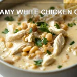 CREAMY WHITE CHICKEN CHILI centered hero view, clean and uncluttered