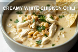 CREAMY WHITE CHICKEN CHILI centered hero view, clean and uncluttered