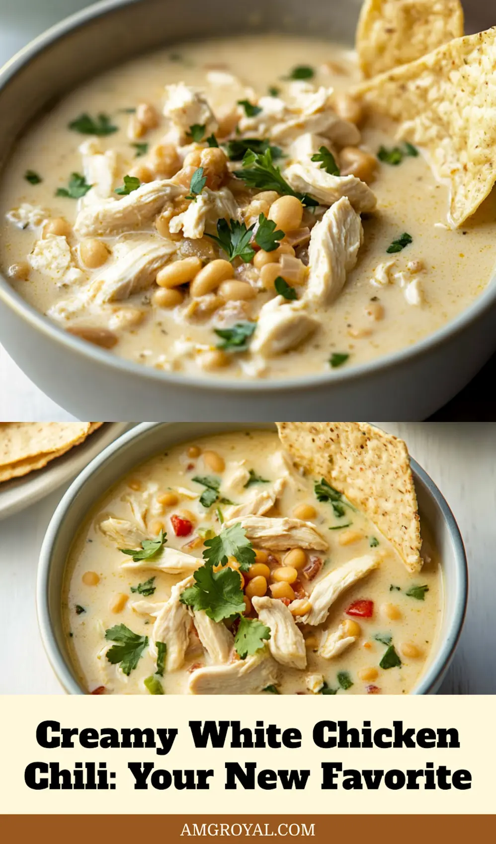 Creamy White Chicken Chili: Simple and Irresistible Recipe 5 Bowl of creamy white chicken chili topped with fresh cilantro and tortilla strips, served on rustic surface