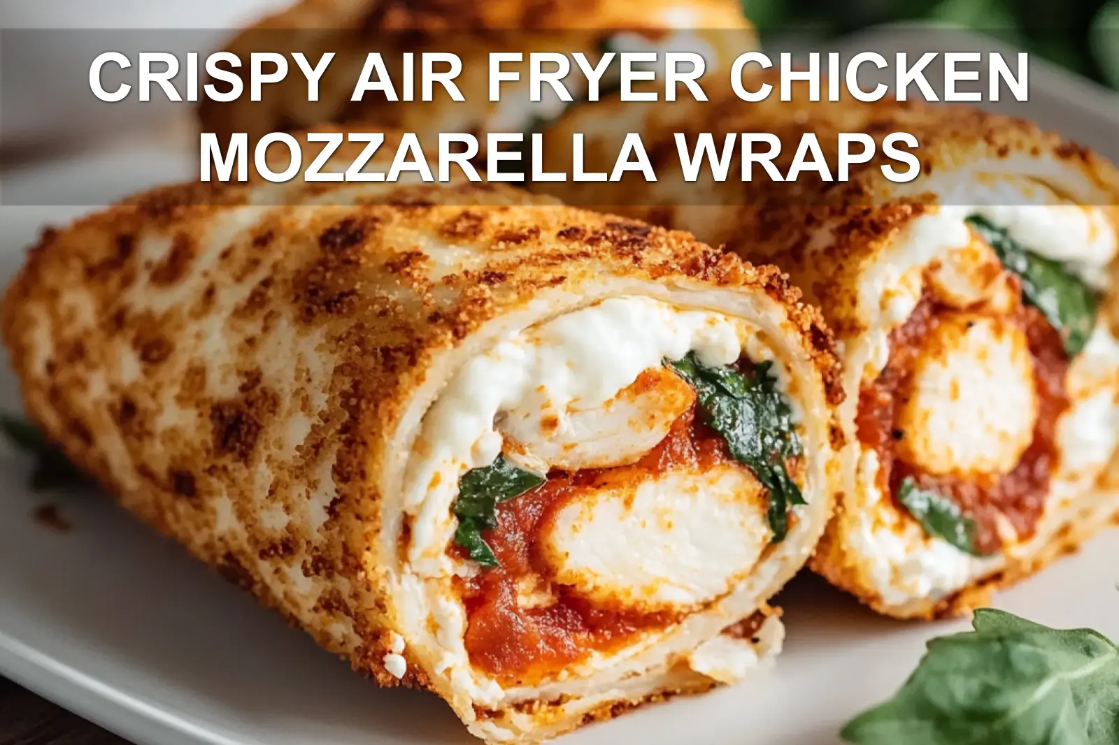 Crispy air fryer chicken and mozzarella wraps, sliced to show filling