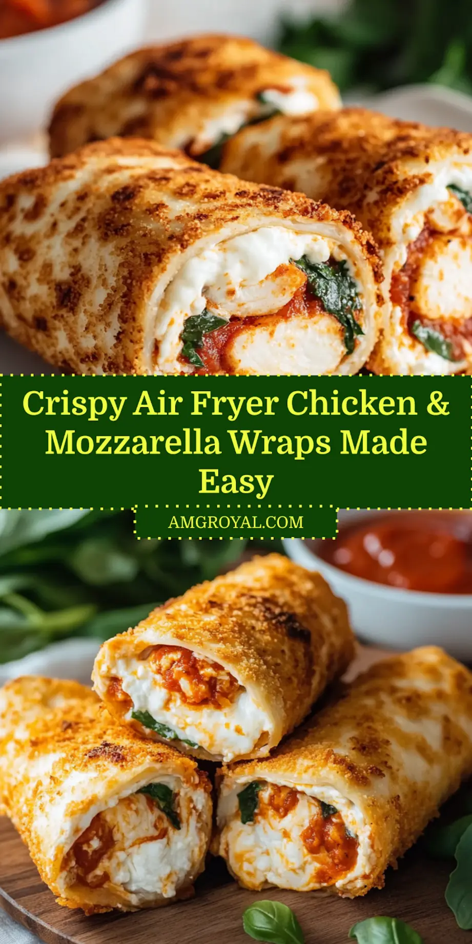 Crispy Air Fryer Chicken & Mozzarella Wraps: Ultimate Meal! 5 Finished Crispy Air Fryer Chicken Mozzarella Wraps sliced open with melted cheese visible