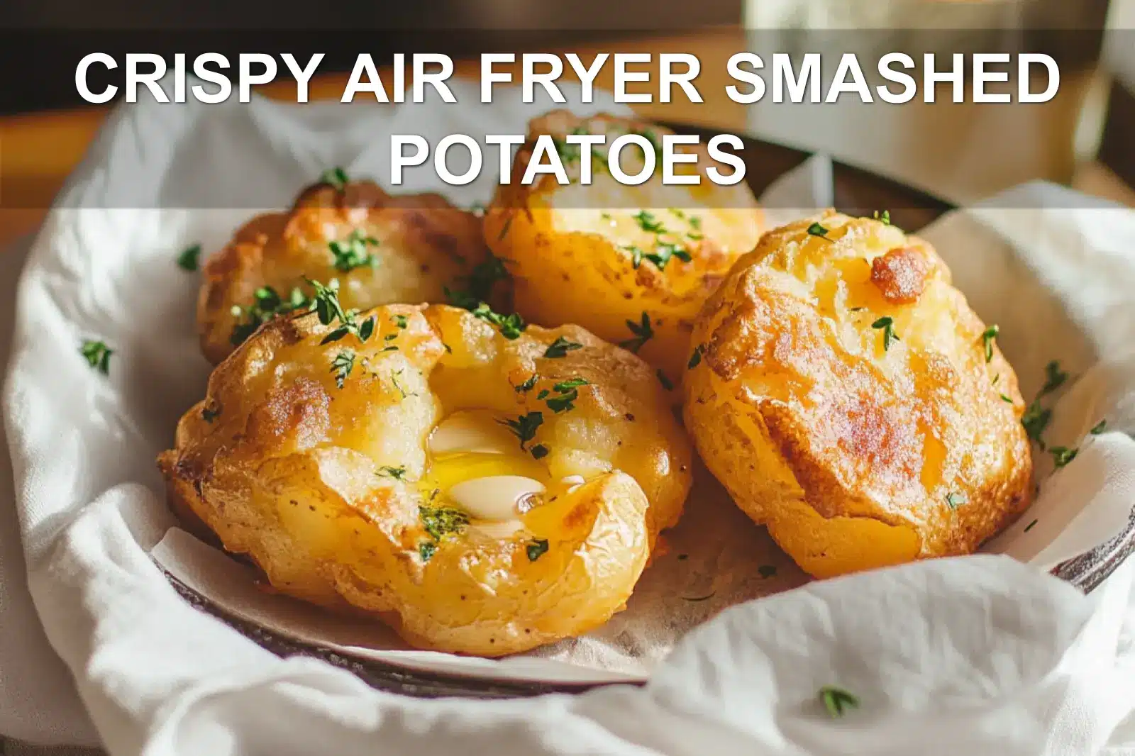 CRISPY AIR FRYER SMASHED POTATOES on white napkin with herbs and golden crisp edges