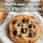 CRISPY AND CHEWY CHOCOLATE CHIP COOKIES hero image warm 3/4 view on white napkin