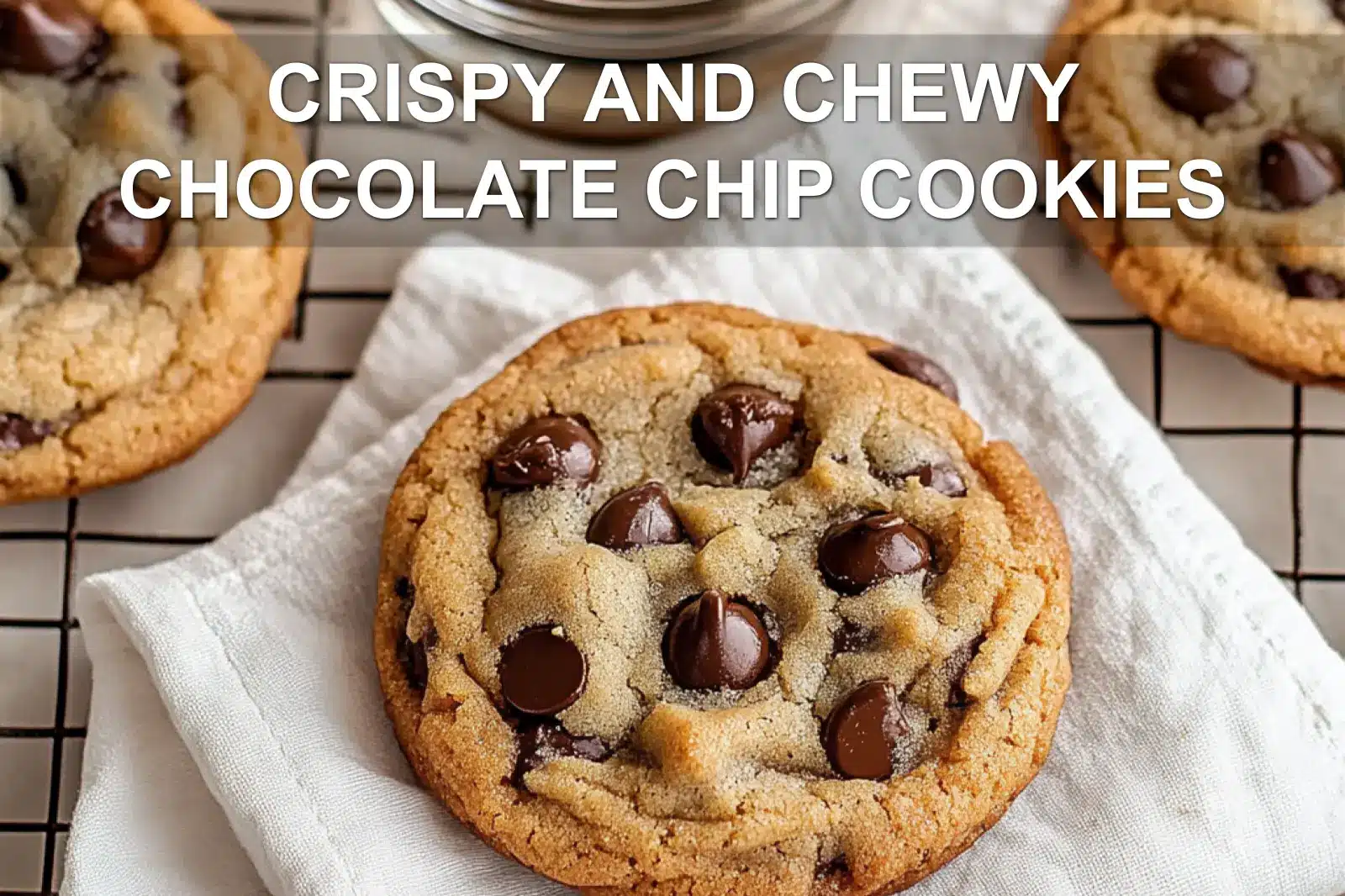 CRISPY AND CHEWY CHOCOLATE CHIP COOKIES hero image warm 3/4 view on white napkin