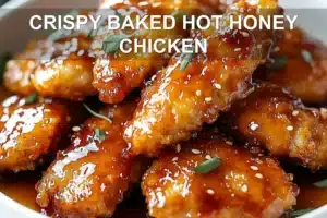 CRISPY BAKED HOT HONEY CHICKEN centered hero view, clean and uncluttered