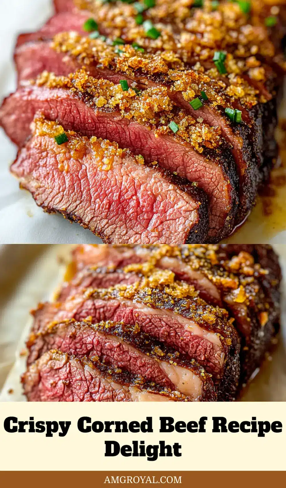 Crispy Corned Beef: Ultimate Irresistible Recipe 5 Browned and crispy corned beef sliced on serving platter garnished with parsley and mustard dip