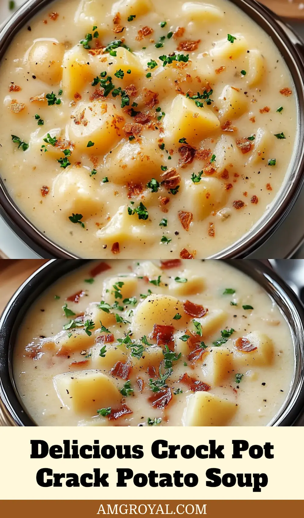 Crock Pot Crack Potato Soup Easy Delicious Recipe 5 Pin-ready image of Crock Pot Crack Potato Soup in a white bowl with garnish
