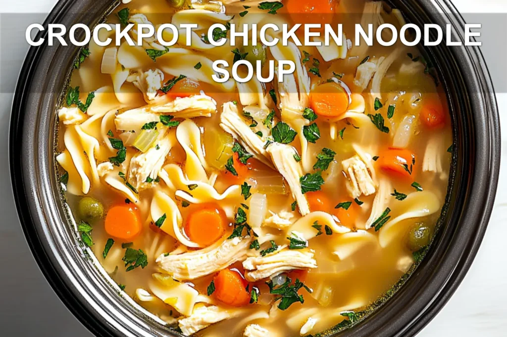 CROCKPOT CHICKEN NOODLE SOUP centered hero view, clean and uncluttered