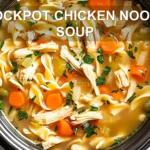 CROCKPOT CHICKEN NOODLE SOUP centered hero view, clean and uncluttered