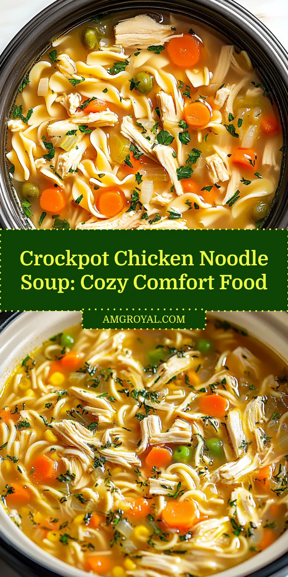Crockpot chicken noodle soup in a bowl garnished with parsley and ladled beautifully
