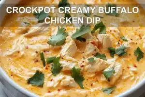 CROCKPOT CREAMY BUFFALO CHICKEN DIP centered hero view, clean and uncluttered