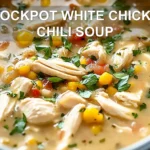 CROCKPOT WHITE CHICKEN CHILI SOUP centered hero view, clean and uncluttered