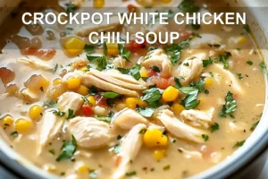 CROCKPOT WHITE CHICKEN CHILI SOUP centered hero view, clean and uncluttered