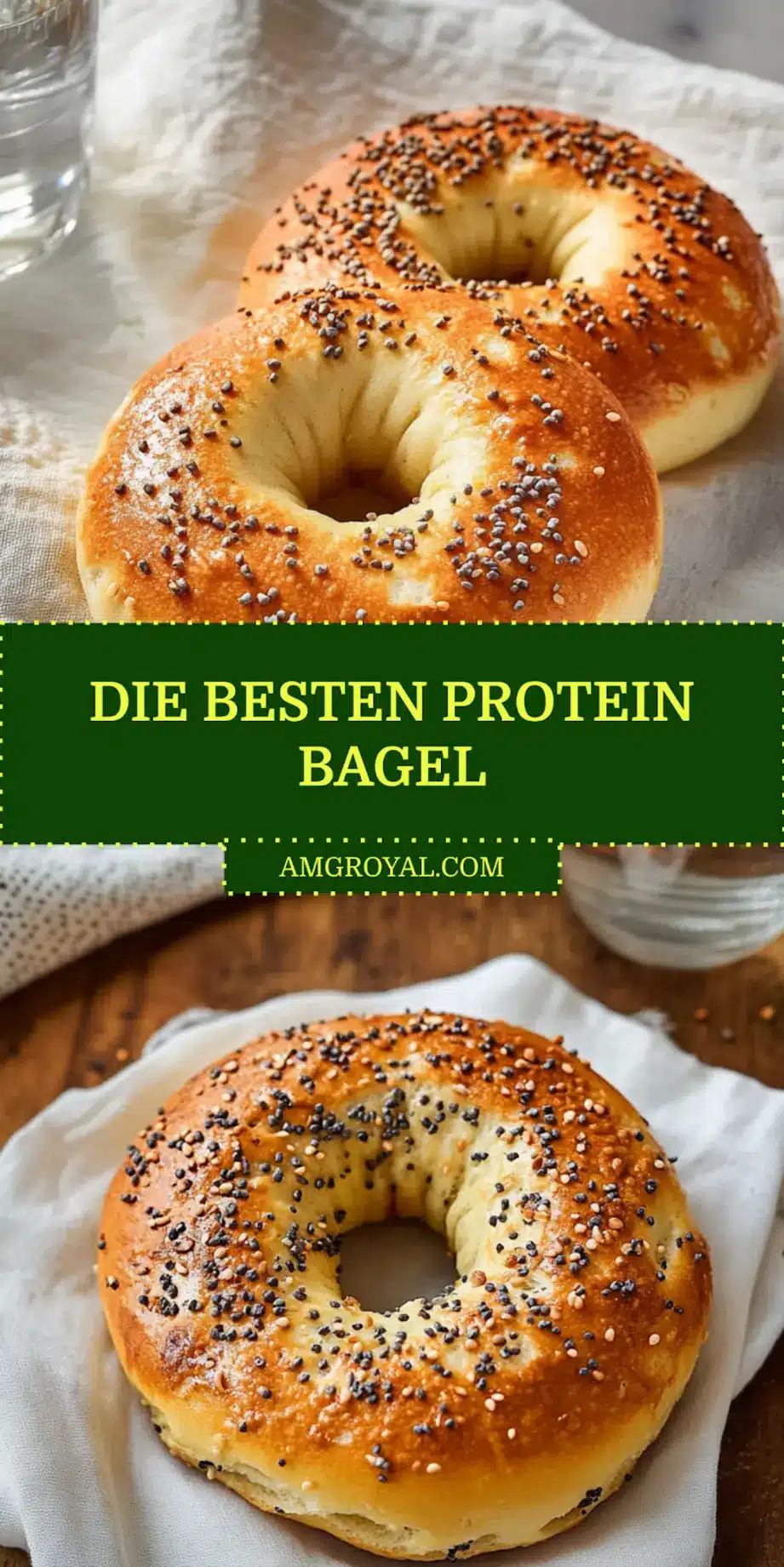 Freshly baked protein bagels with spelt flour, quark, sesame seeds, and poppy seeds displayed on parchment