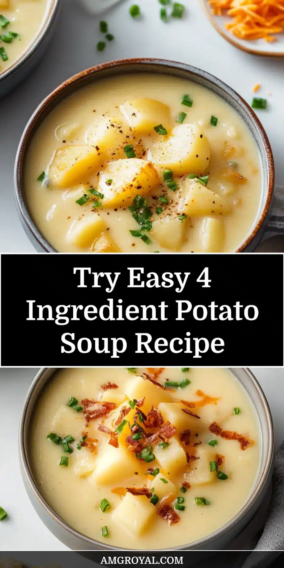 Easy 4 Ingredient Potato Soup Recipe to Enjoy Today 5 Pinned image of creamy 4 ingredient potato soup in a white bowl with fresh herbs