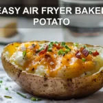 EASY AIR FRYER BAKED POTATO golden cheese sour creamy sauce chives bacon bits close up