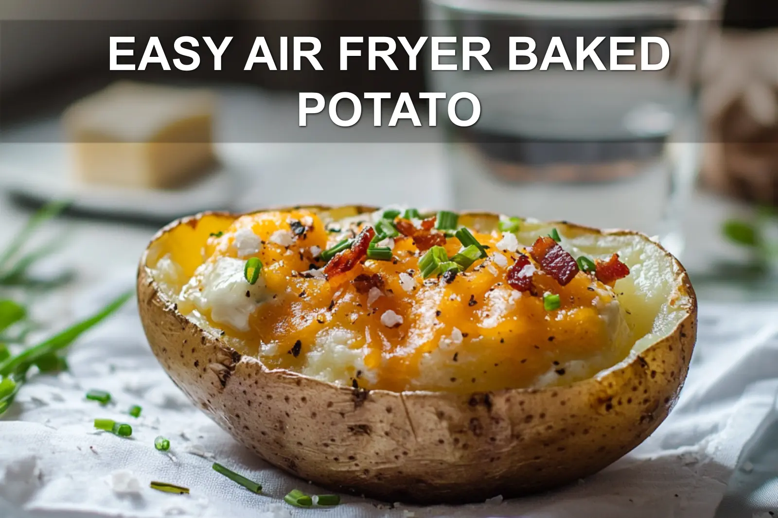 EASY AIR FRYER BAKED POTATO golden cheese sour creamy sauce chives bacon bits close up