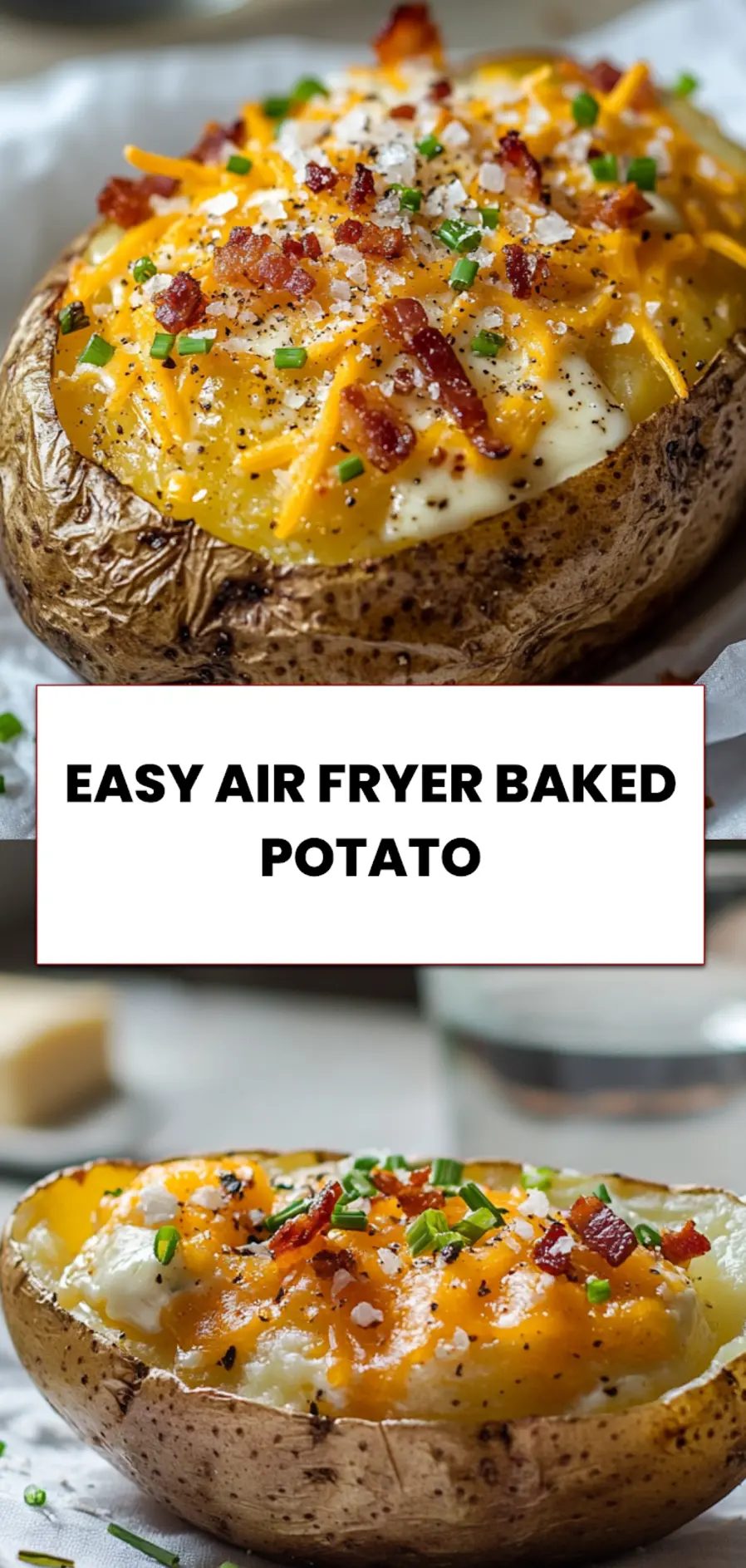 Easy Air Fryer Baked Potato: Delicious Family Recipe 5 Pin-worthy image of EASY AIR FRYER BAKED POTATO with toppings like melted butter, chives, cheese and bacon