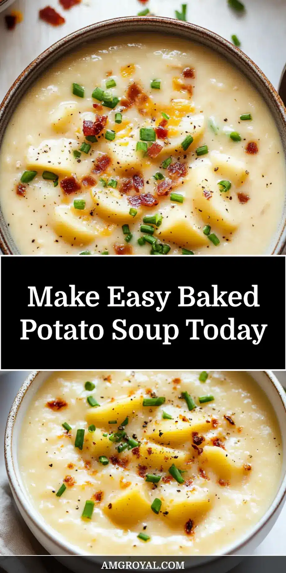 Easy Baked Potato Soup: Delicious Quick Recipe 5 Final serving view of Easy Baked Potato Soup in bowl with garnishes of bacon, cheese, and onion