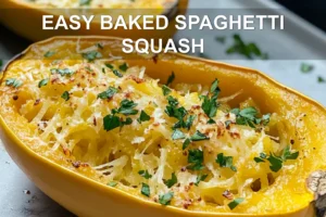 EASY BAKED SPAGHETTI SQUASH centered hero view, clean and uncluttered