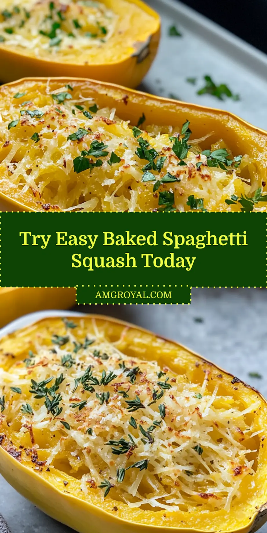 Easy Baked Spaghetti Squash: Delicious & Quick Recipe 5 Overhead pin view of finished easy baked spaghetti squash with fork and fresh herbs