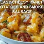 EASY CHEESY RANCH POTATOES AND SMOKED SAUSAGE in warm close up with herbs and melted cheese