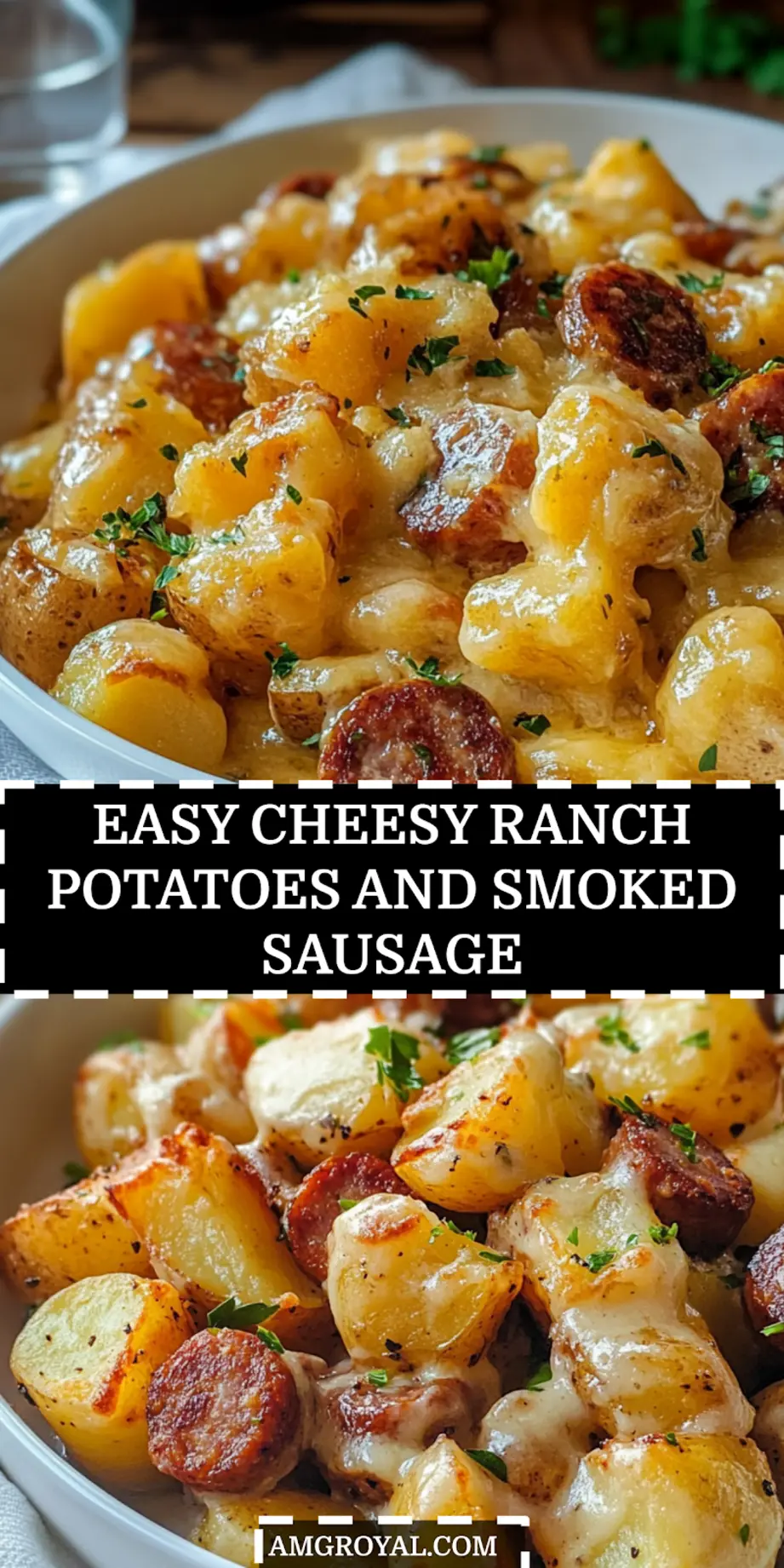 Serving of cheesy ranch potatoes with smoked sausage, golden cheese crust and herbs